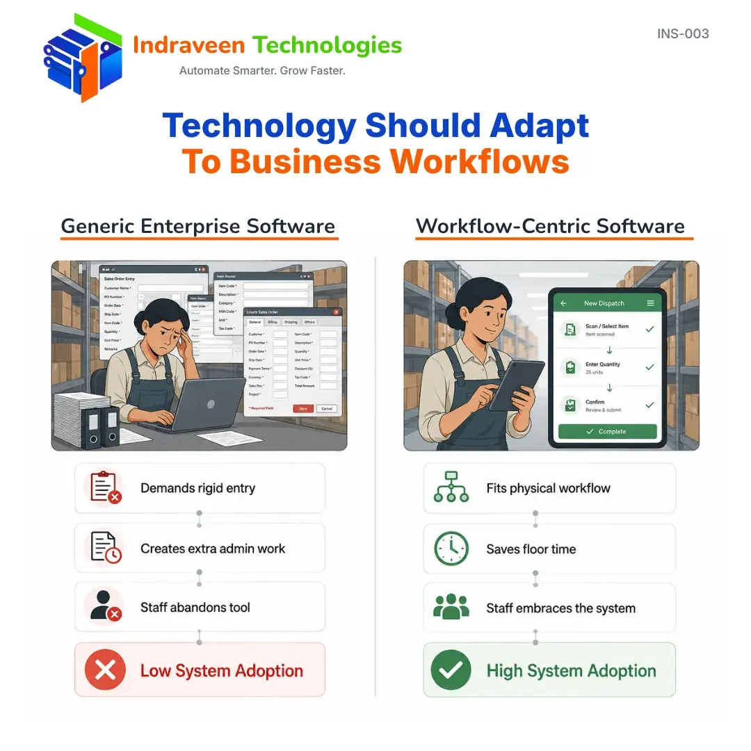 Comparison of generic enterprise software versus workflow-centric software, showing how software designed around business workflows leads to higher system adoption and operational efficiency.